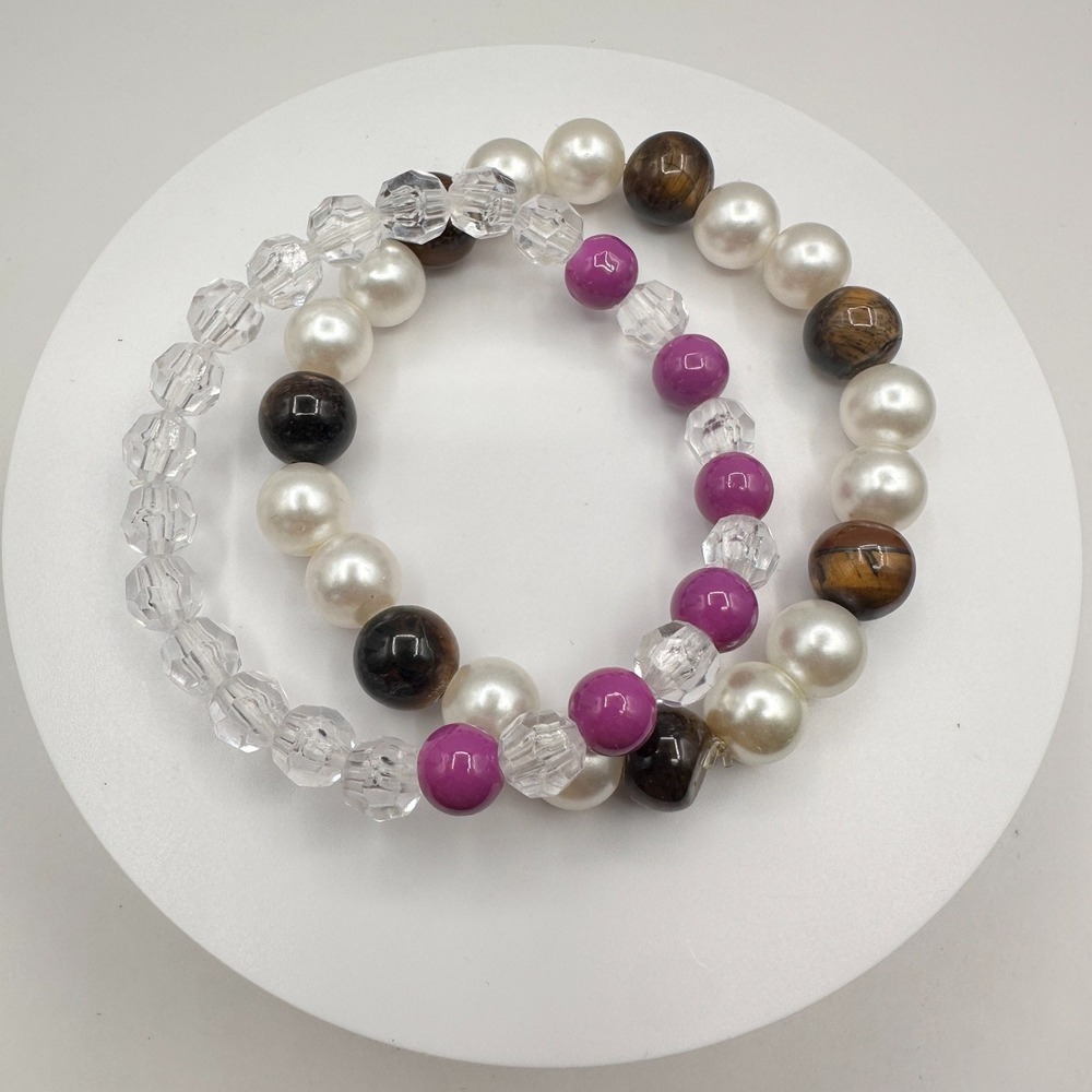 Vintage 90s Beaded Bracelet Set Faux Pearl Tiger Eye Purple Glass Jewelry